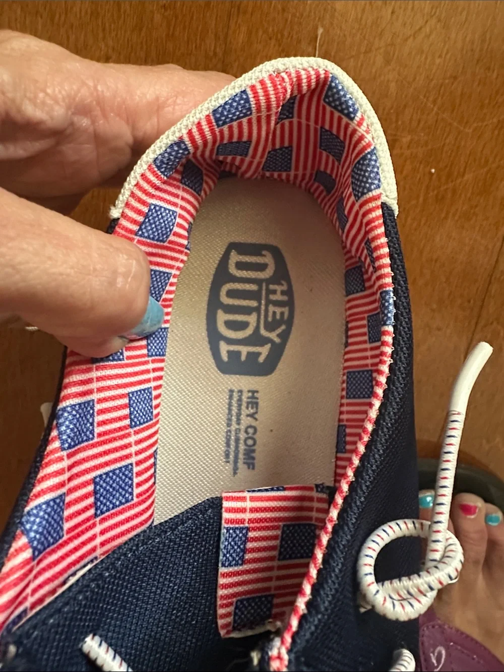 Hey Dude (NWOT) Navy Blue USA ❤️🤍💙 Slip-On Boat Shoes with White Laces